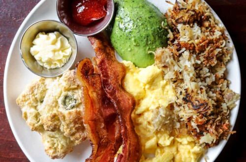 Breakfast plate of eggs, avocado, and bacon